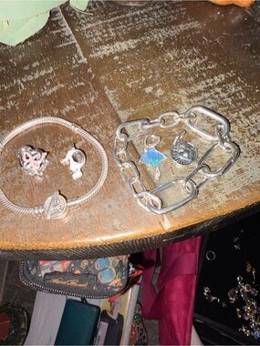 Pandora Silver Charm Bracelets with Blue Umbrella and Pink Accents